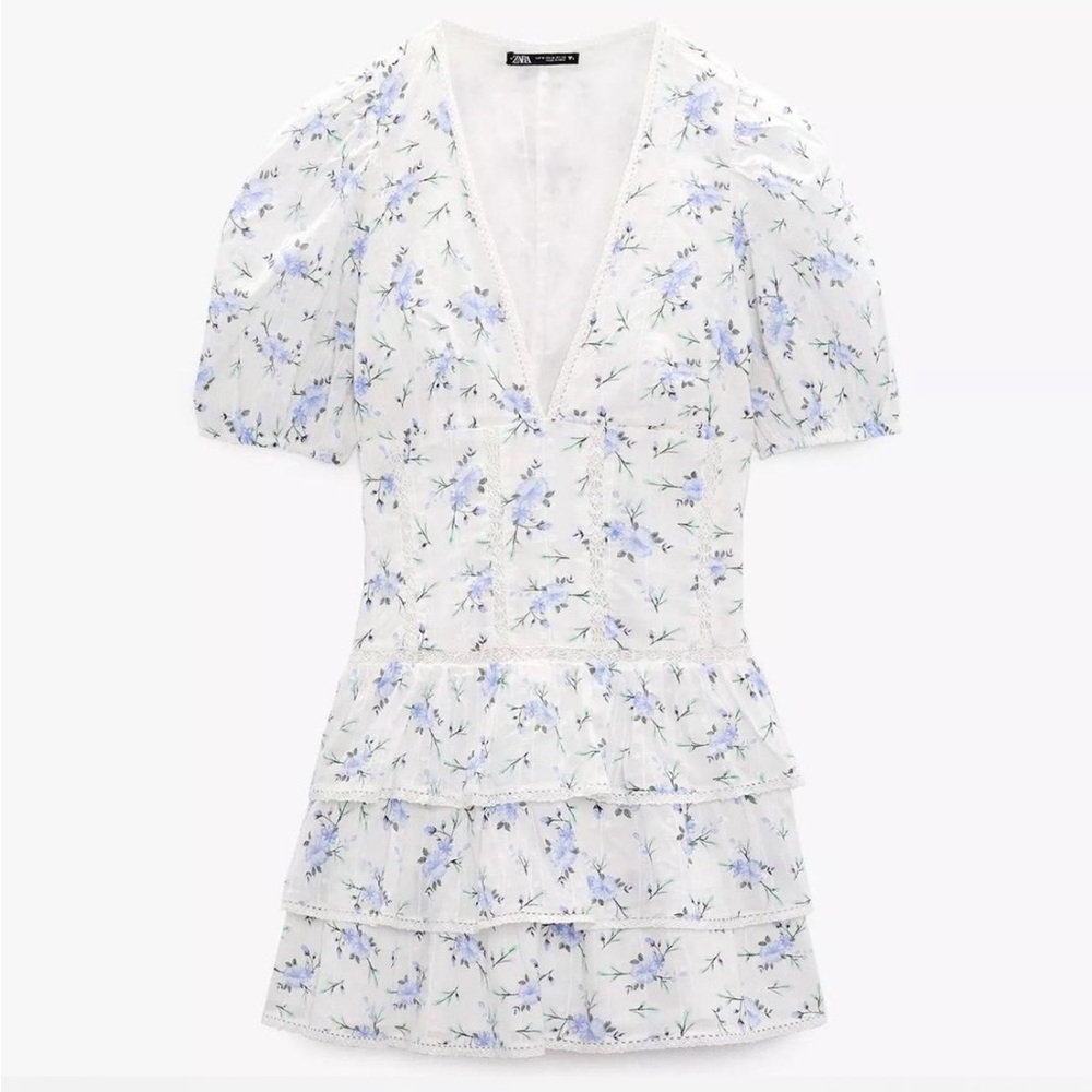 White and Blue Floral Ruffle dress